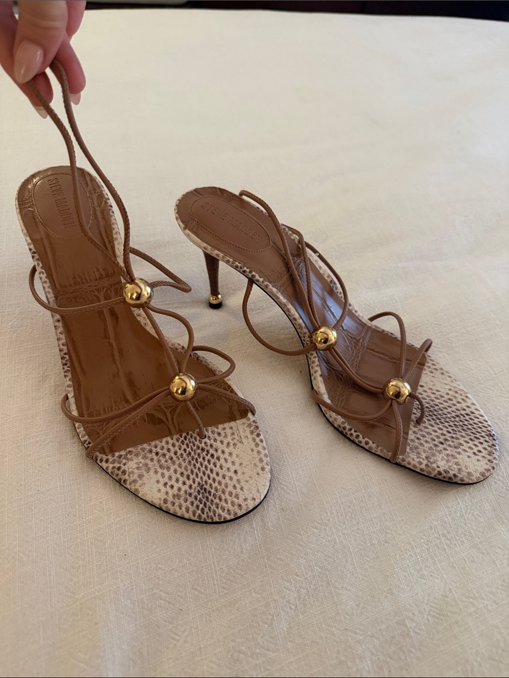 Brown Strappy Snake-Print Heeled Sandals with Gold Accents